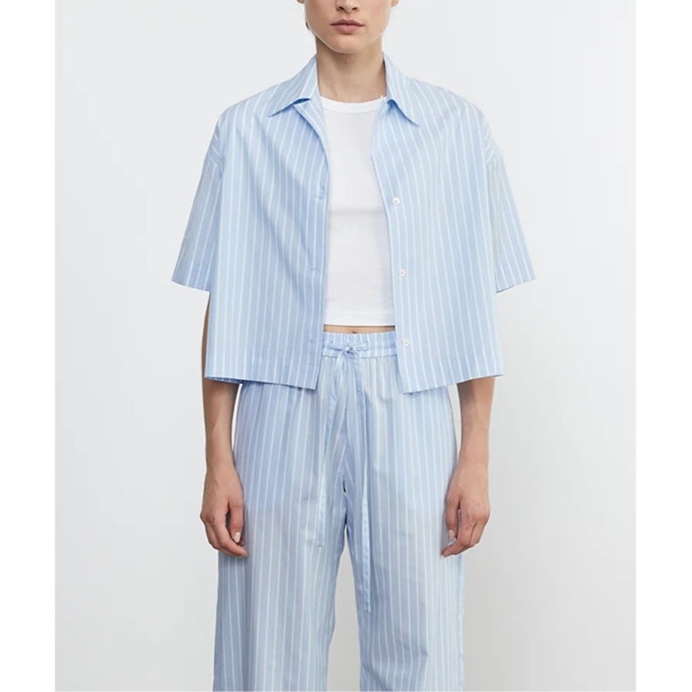 ENZA COSTA Poplin Cropped Short Sleeve Shirt Womens Small Blue White Stripe Luxe